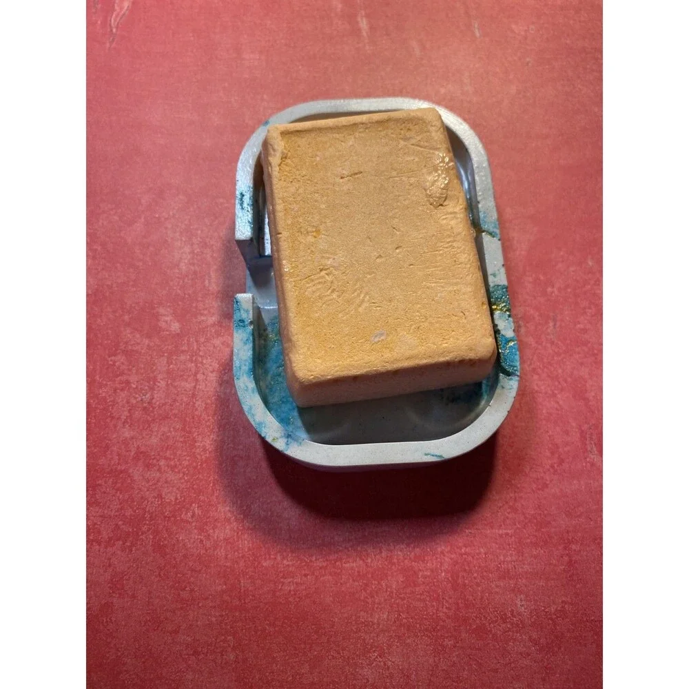 Handmade Soap Dish Cement Bathroom Kitchen Self Draining Teal With Gold